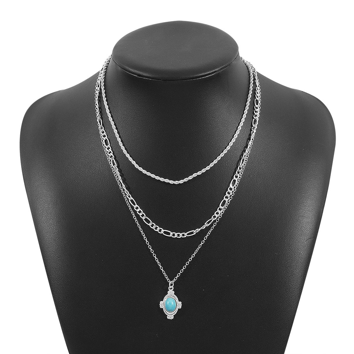 Collar colgante geométrico vintage de estilo francés para mujer con incrustaciones de turquesa y base de aleación, acabado galvanizado