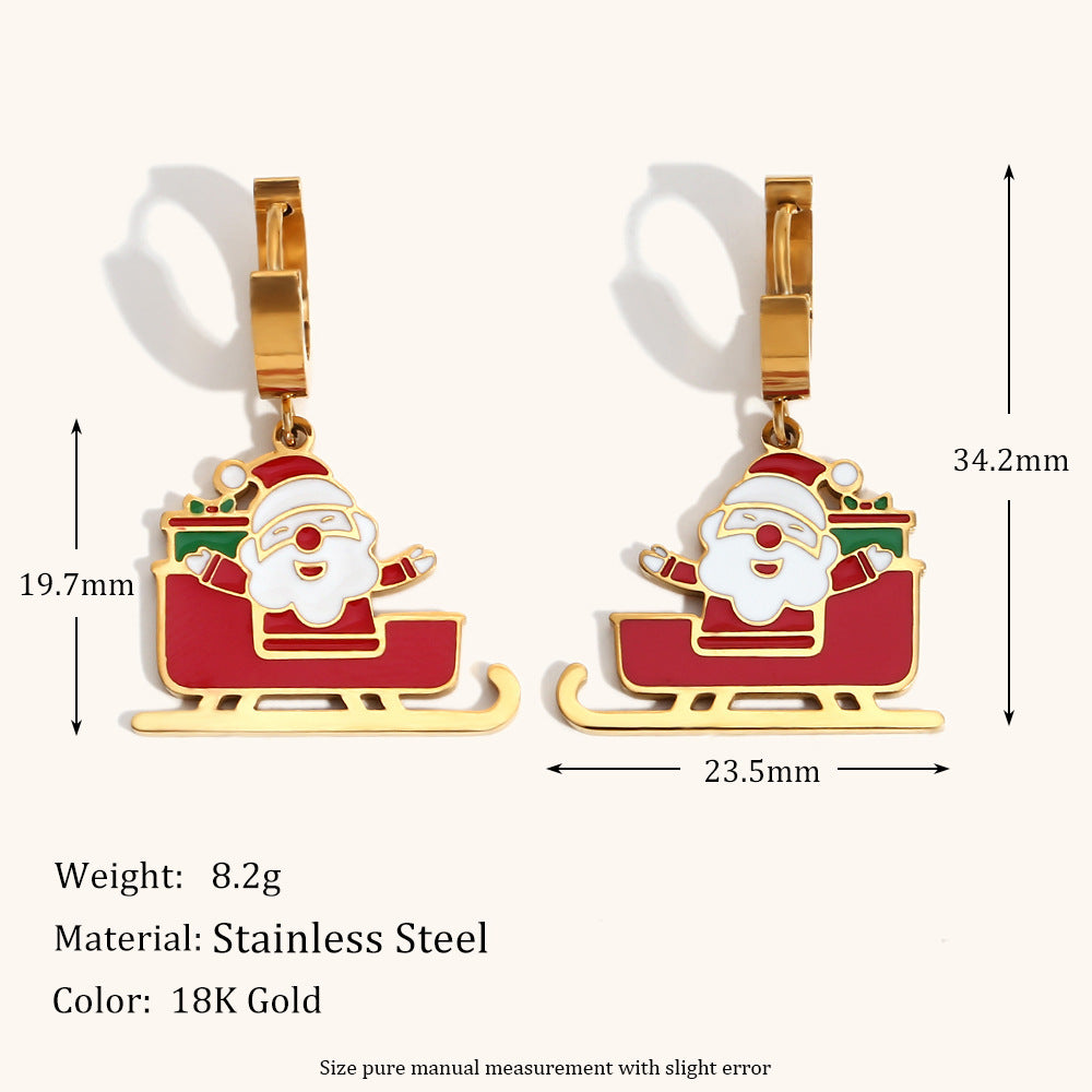 Fashionable OL Style Cartoon Santa Claus Sled Reindeer Christmas Tree Earrings for Women in Stainless Steel with 18K Gold Plating