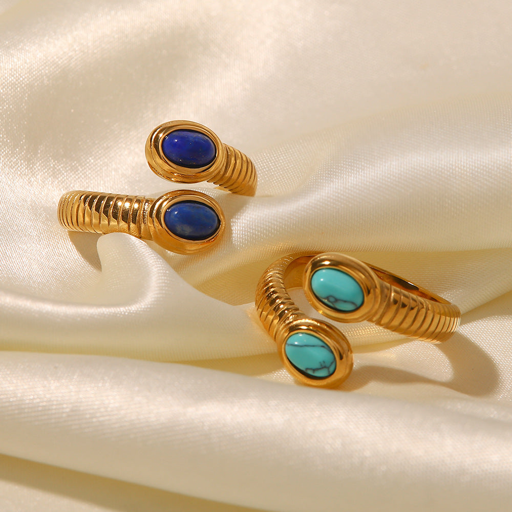 Minimalist Geometric Stainless Steel Ring with 18K Gold Plating and Lapis Lazuli Inlay Snake Design