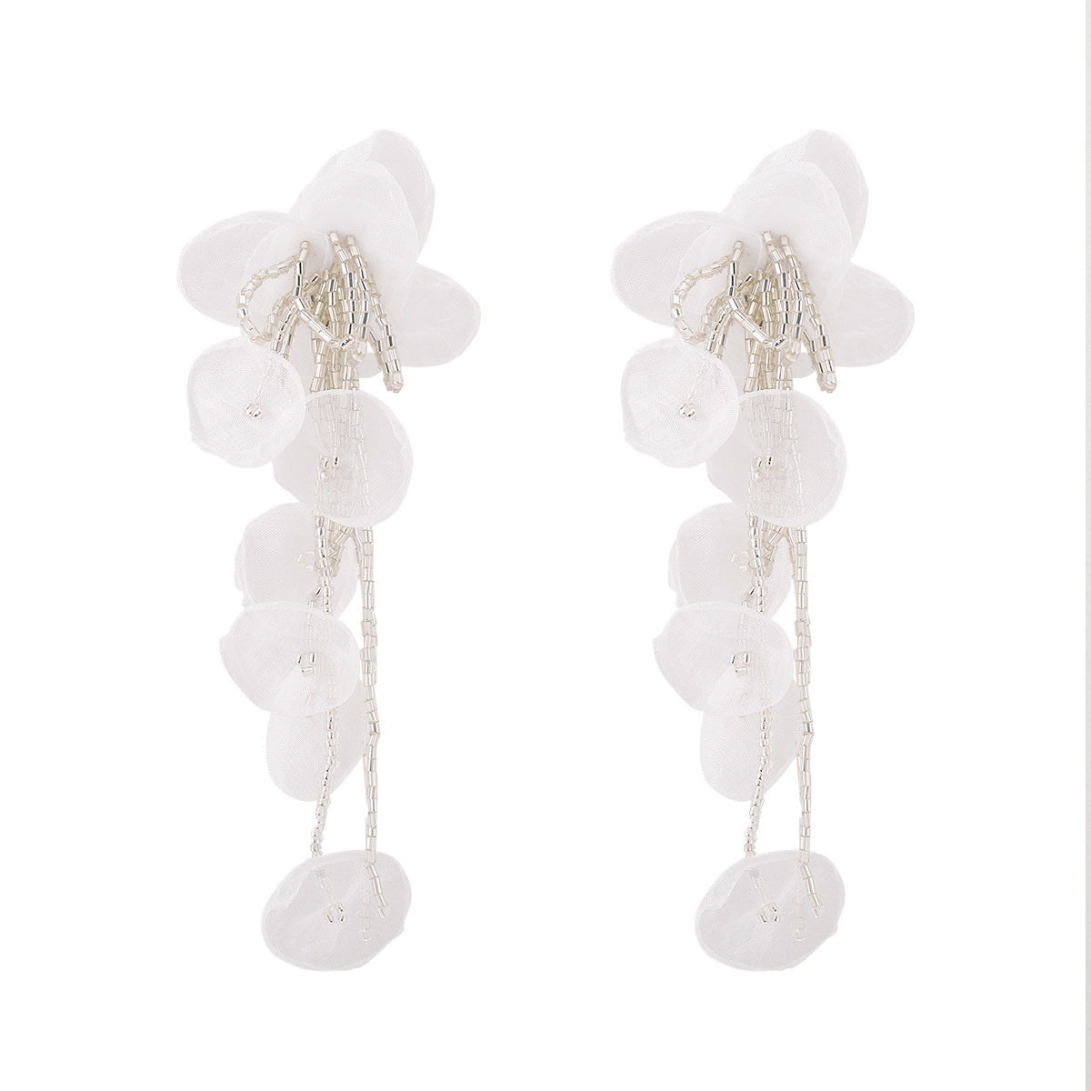Sweet Feminine Floral Tassel Earrings with Seed Beads and Gauze Material for Women