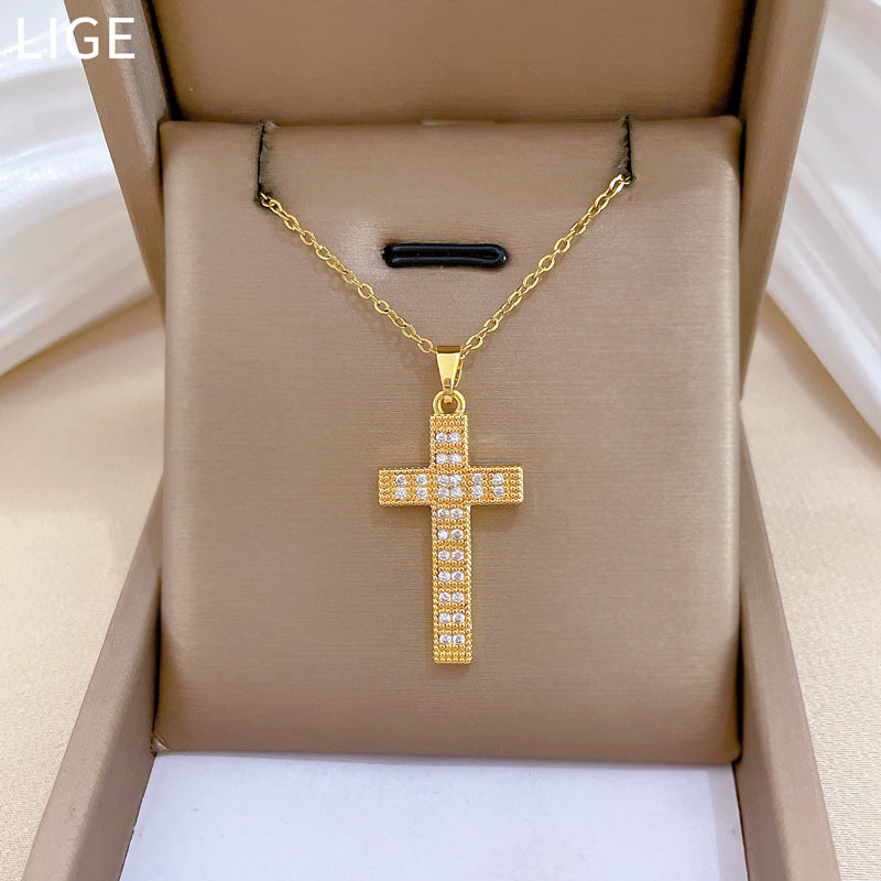 Sweet Luxury Cross Cubic Zirconia Titanium Steel Necklace for Unisex