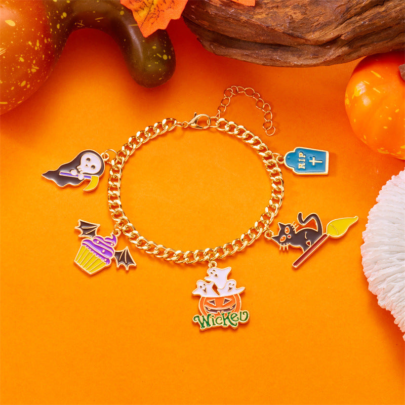 Pulsera con colgante de calabaza, murciélago y fantasma con temática de Halloween para mujer, diseño geométrico de aleación, regalo festivo