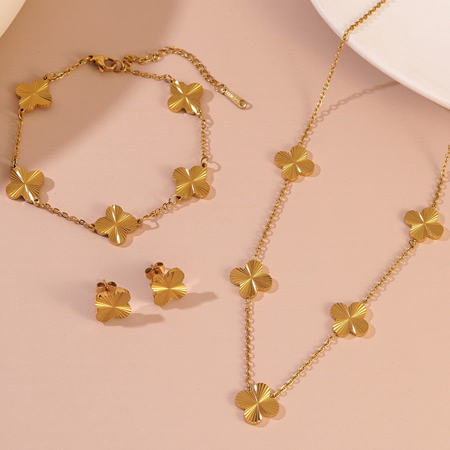 Parure di Gioielli da Donna a Quattro Foglie in Acciaio Inossidabile Placcato con Collana, Bracciale e Orecchini a Catena Veneziana
