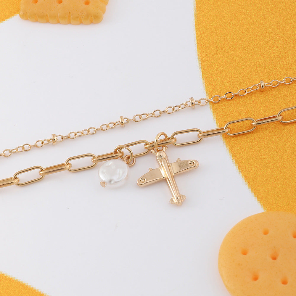Bracciale doppio strato con ciondolo aereo geometrico per bambini, in lega placcata con strass