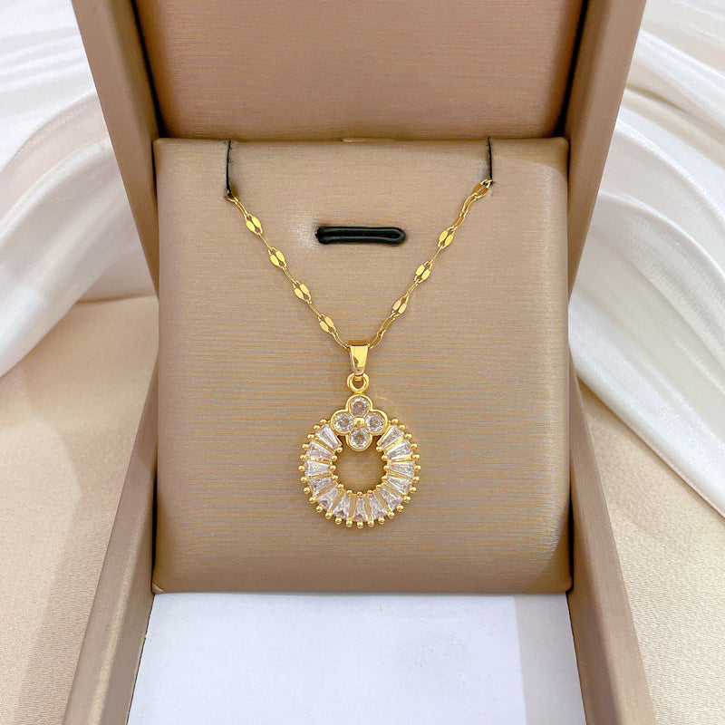 Minimalist Sweet Geometric Clover Micro-set Cubic Zirconia Titanium Steel Necklace and Earring Set for Women