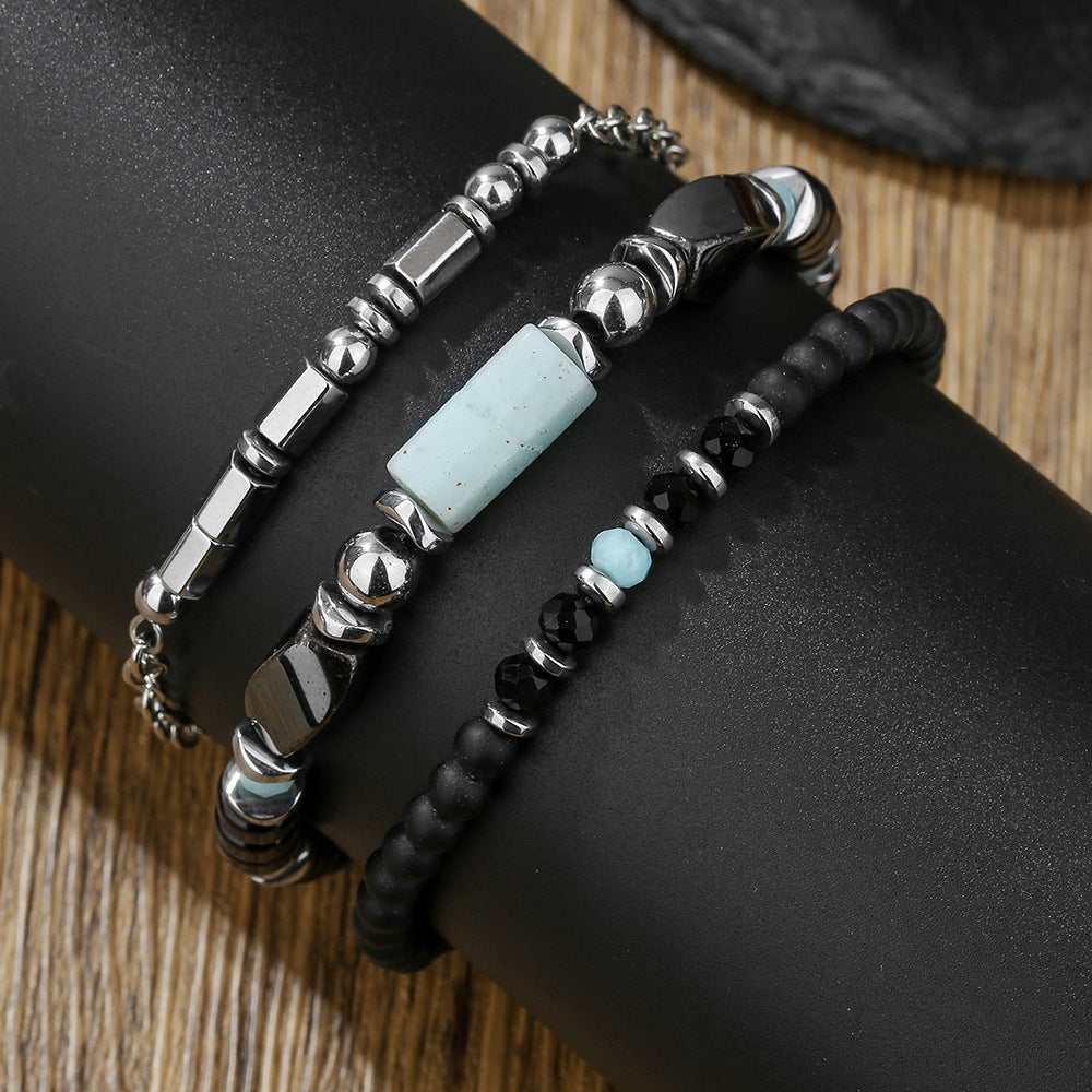 Minimalist Matte Black Agate and Wood Beaded Bracelet Geometric Adjustable Chain for Men and Women