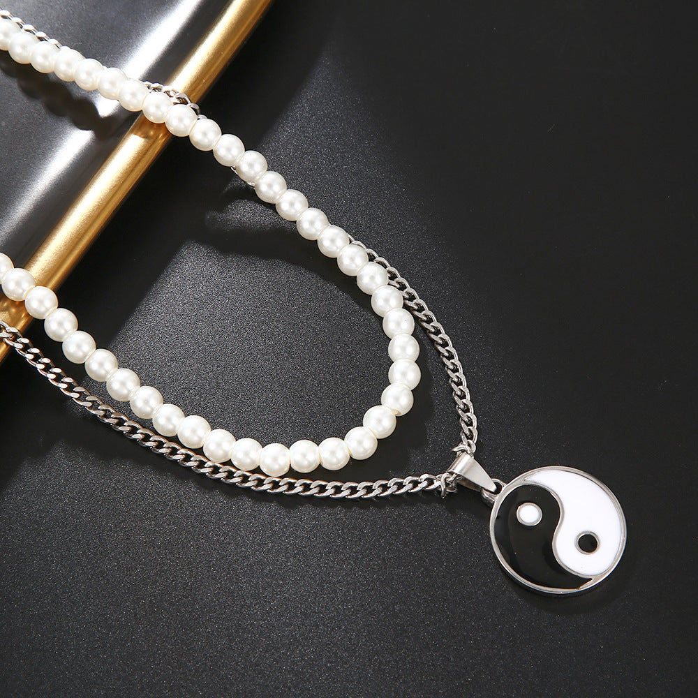 Hip-hop Geometric Round Stainless Steel Necklace with Alloy Tai Chi Pendant and Double Layer Pearls for Unisex