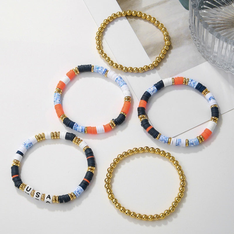 Set di braccialetti con perline acriliche tonde con lettere, unisex, stile USA
