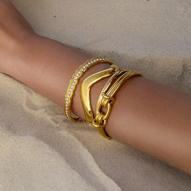 Fashion Geometric Ring Open Cuff Bracelet 18K Gold Plated Stainless Steel Rhinestone Inlay Jewelry for Women