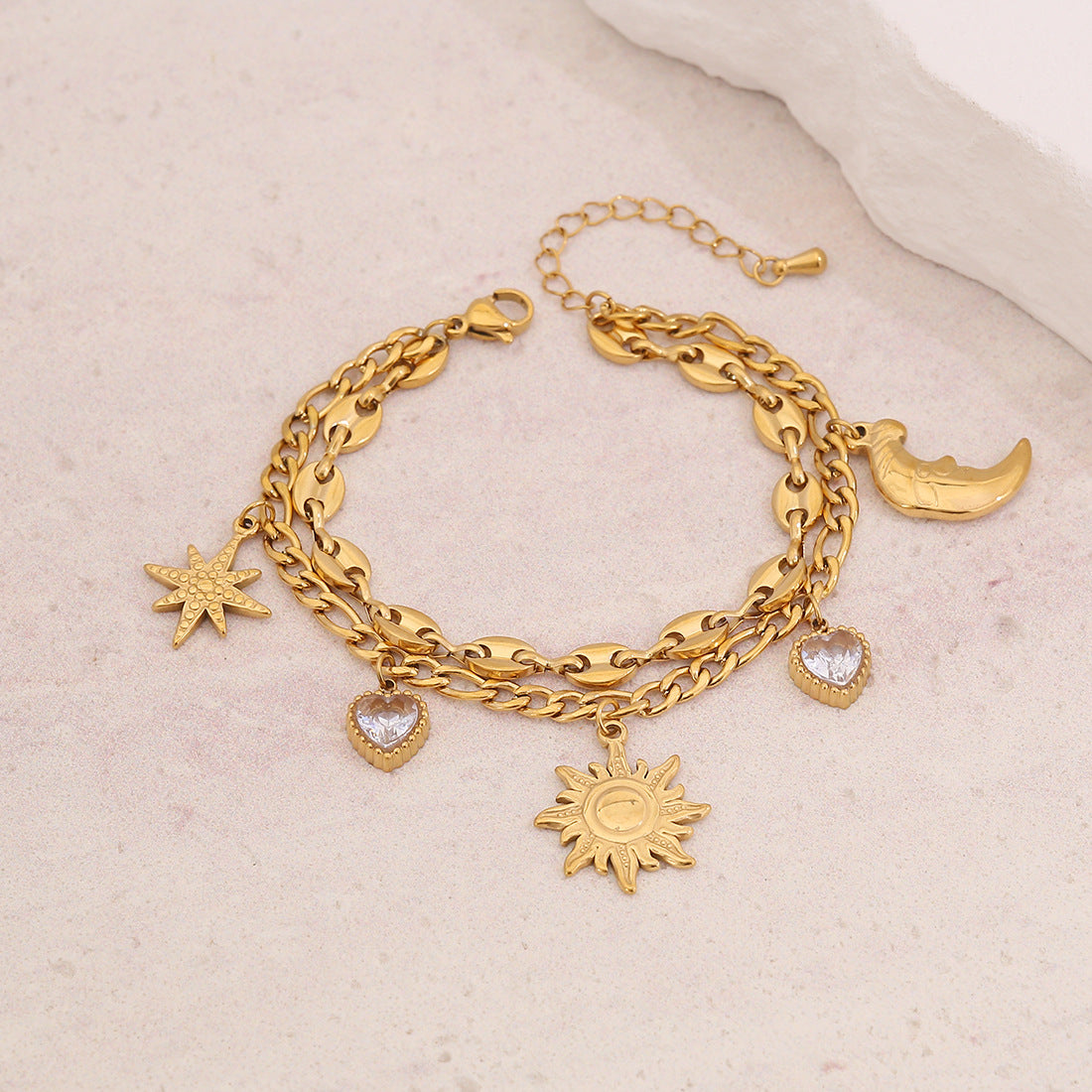 Bracciale Personalizzato a Doppio Strato in Acciaio Inossidabile con Fiocco, Stella, Luna e Cuore, con Intarsio di Strass e Design a Catena a Naso di Maiale per Donna