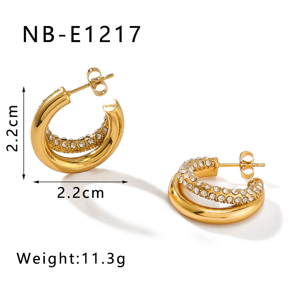 Aretes minimalistas de acero de titanio geométricos con baño de oro de 18 quilates y detalles de diamantes de imitación para mujer