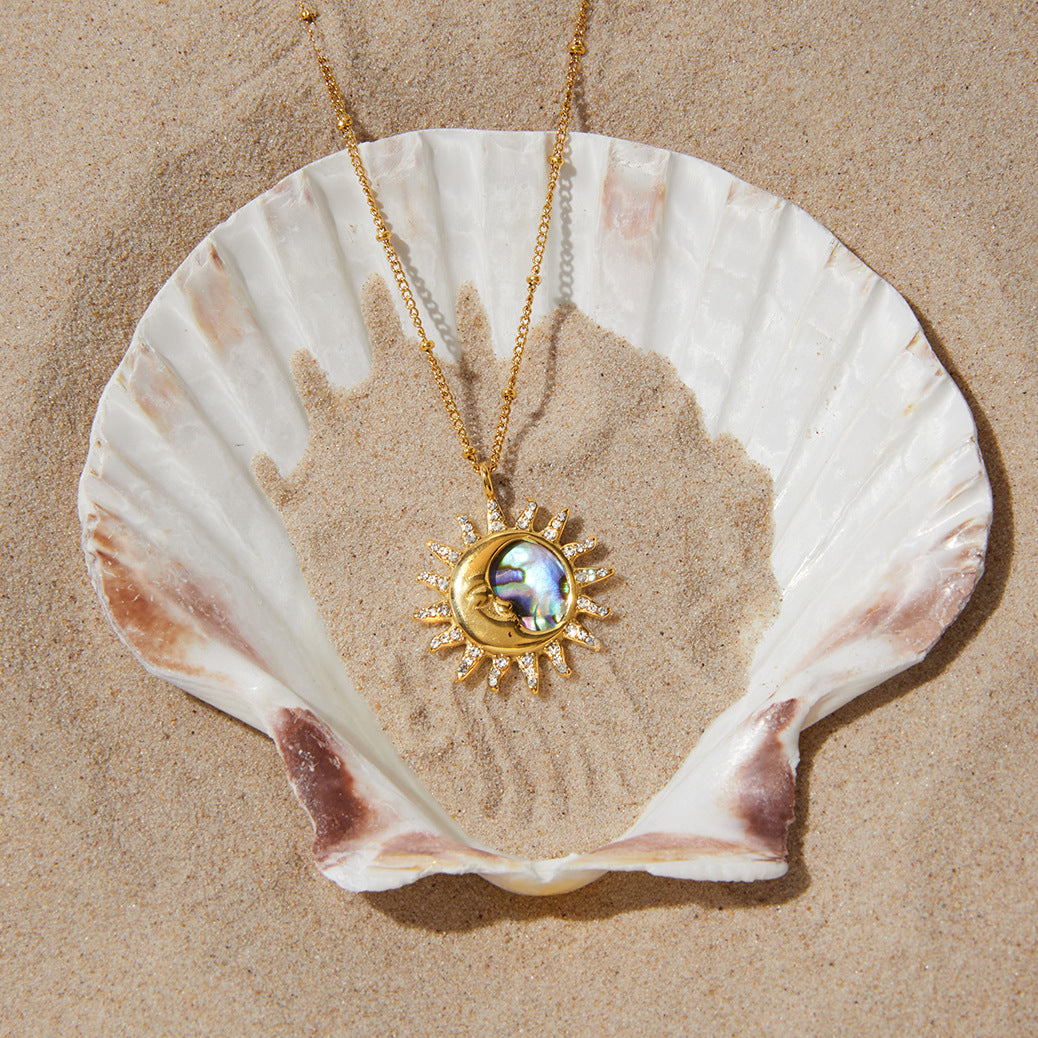 Minimalist Geometric Titanium Steel Necklace with Rhinestone and Abalone Shell Sun Design PVD Gold Plated for Women