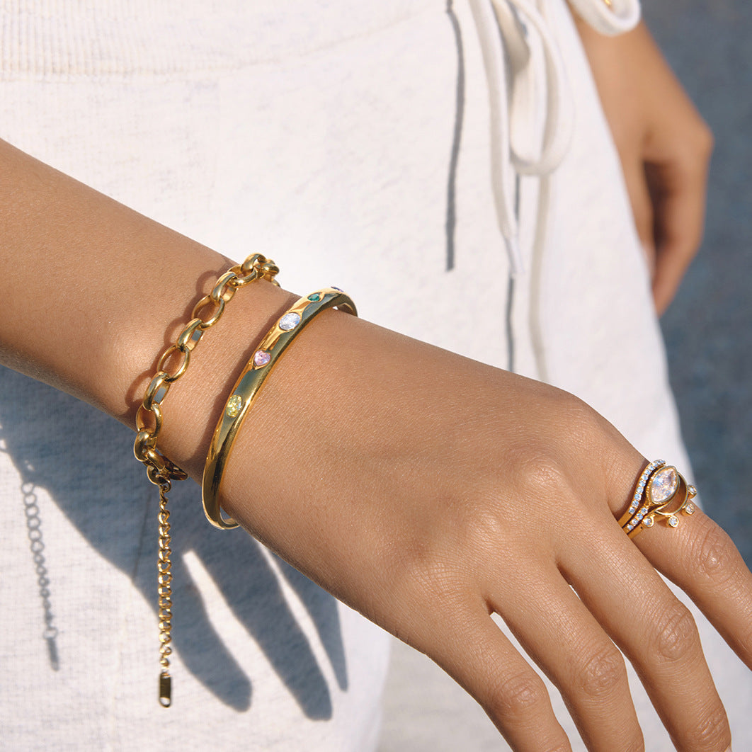 Minimalist Geometric Stainless Steel Plated Bracelet with Cubic Zirconia for Women