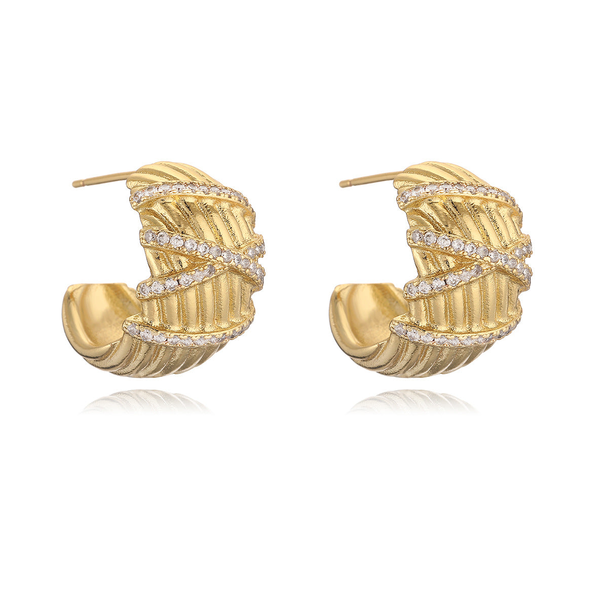 Vintage Punk Geometric C-Shaped Copper Earrings with 18K Gold Plating and Micro-Paved Zirconia for Women