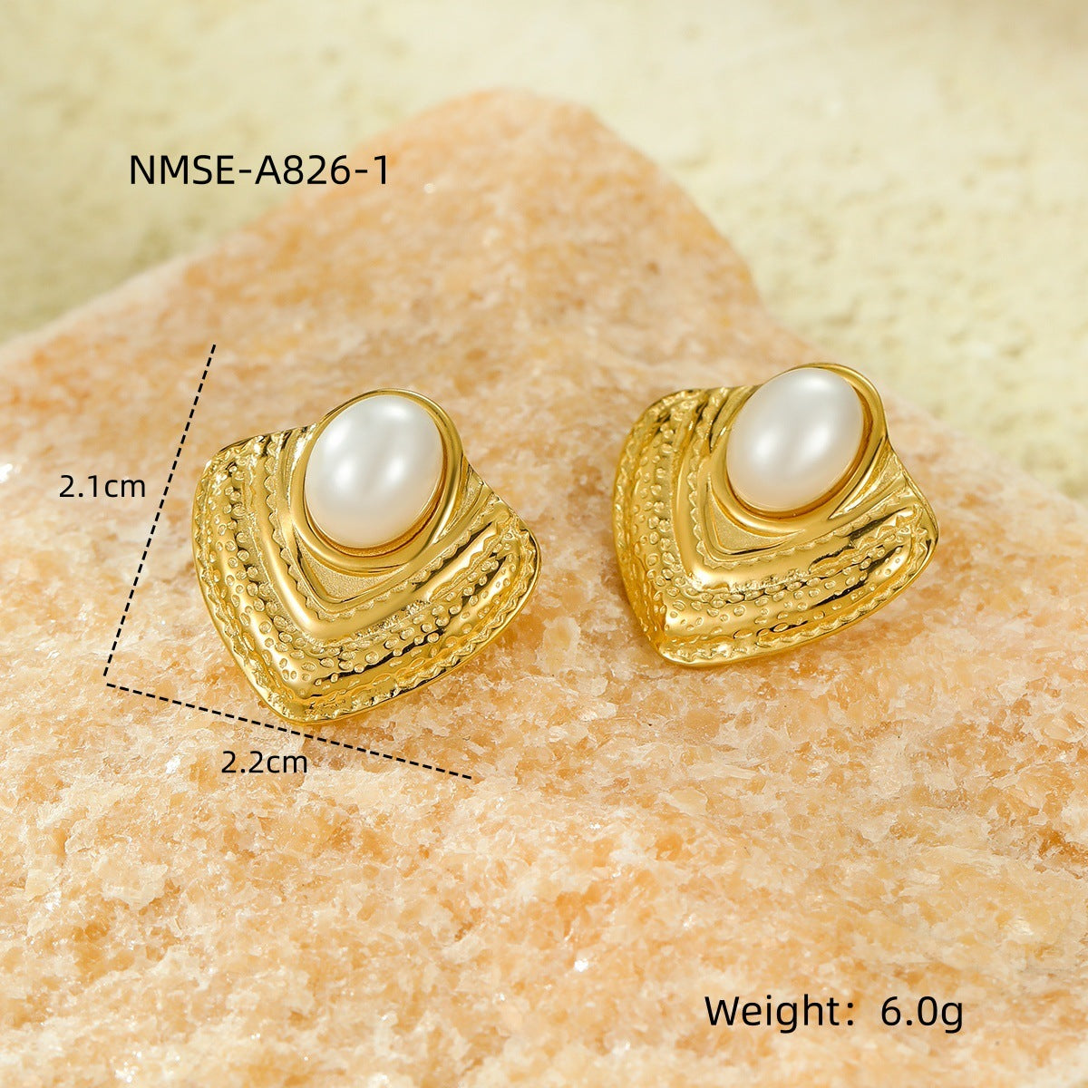 Pendientes Vintage Geométricos de Acero Inoxidable con Textura Perla y Baño de Oro de 18K para Mujer