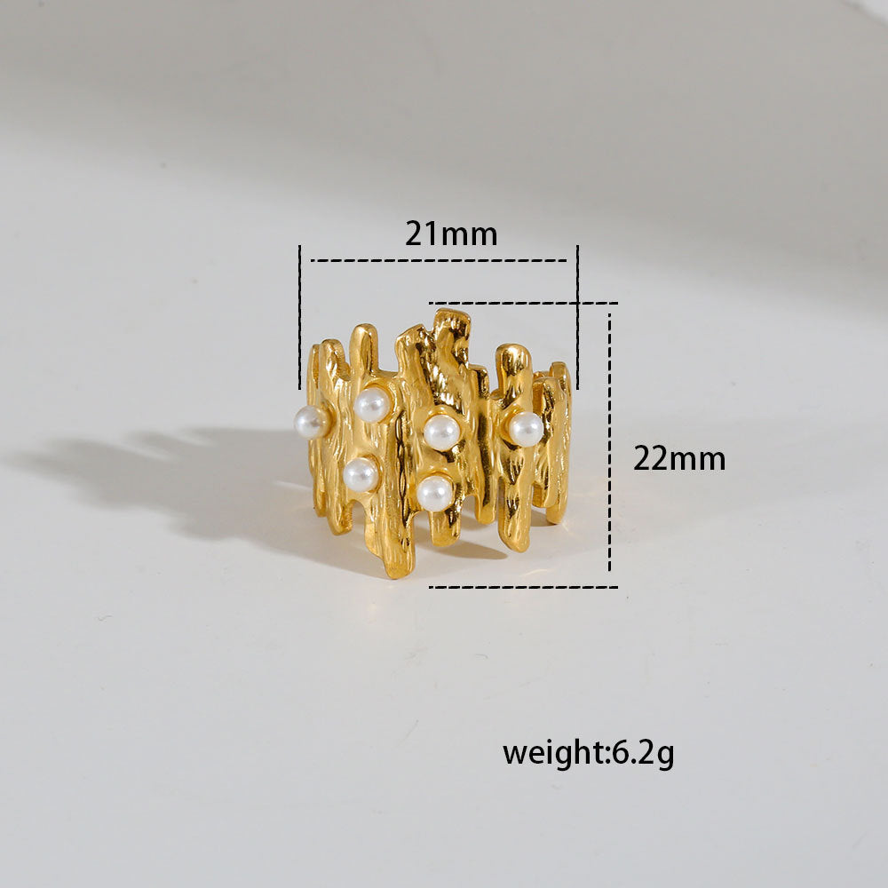 Anello aperto regolabile da donna in acciaio inossidabile geometrico minimalista con intarsio di perle e finitura placcata