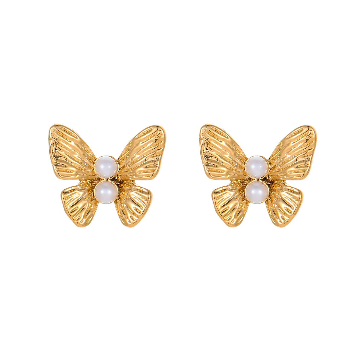 Fashionable Butterfly-Shaped Stainless Steel Earrings for Women with Plated Finish and Pearl Accents