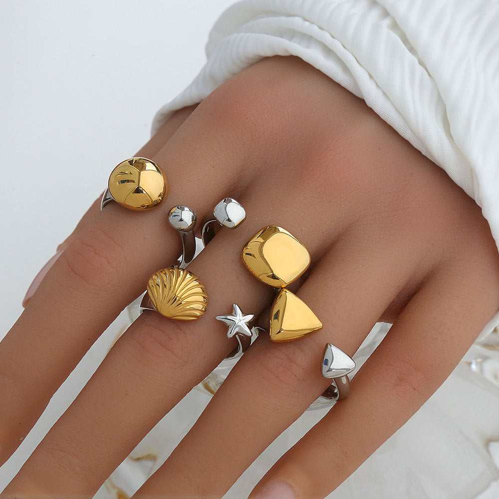 Anello Aperto Regolabile a Stella e Luna Geometrico Minimalista con Finitura Placcata in Acciaio Inossidabile 304 per Unisex