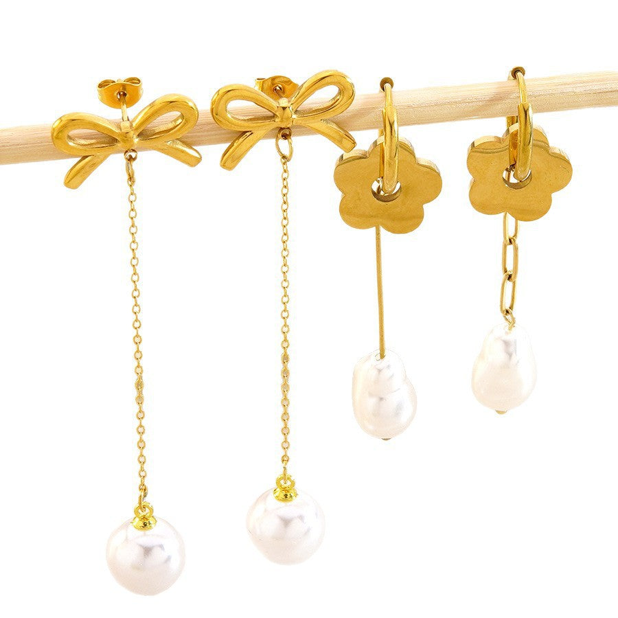 Sweet Elegant Floral Bow Plated Stainless Steel Dangle Earrings for Women