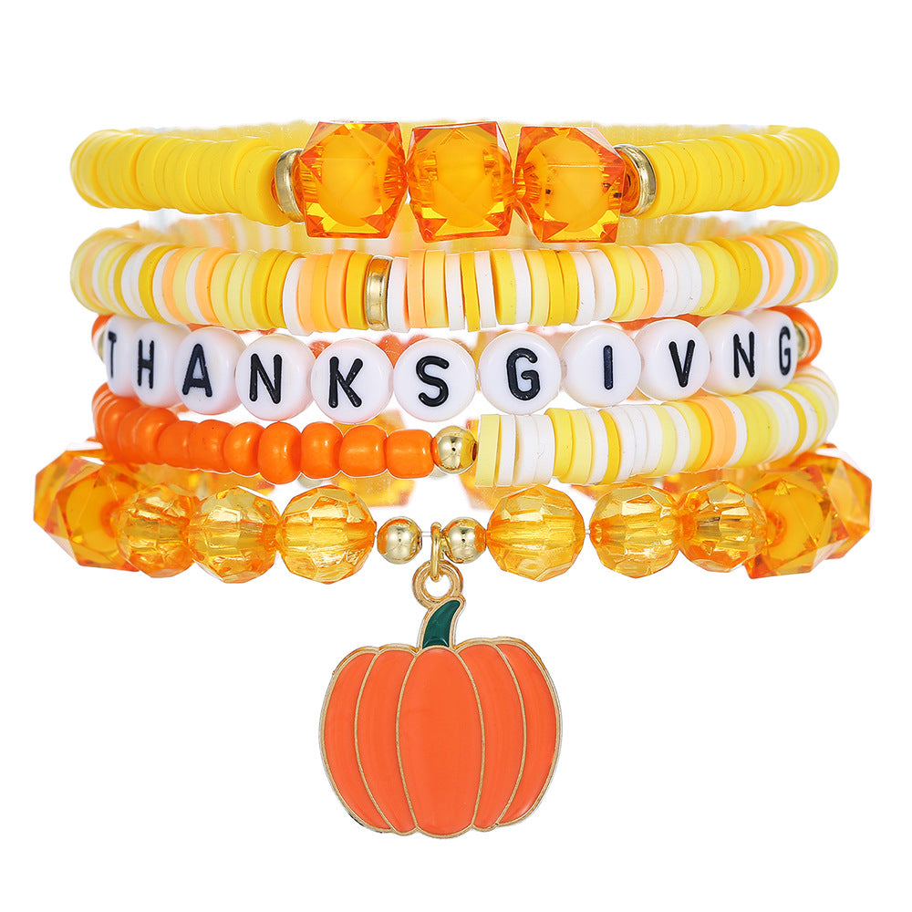 Geometric Resin Brass Acrylic Bracelet Set with Turkey Maple Leaf Pumpkin Letter Charms
