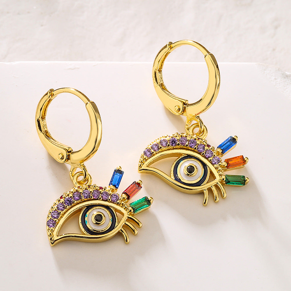 Orecchini Pendenti Geometrici Creativi in Rame con Placcatura in Oro 18K, Zirconia Micro-Incastonata, Design a Occhio Smaltato da Donna