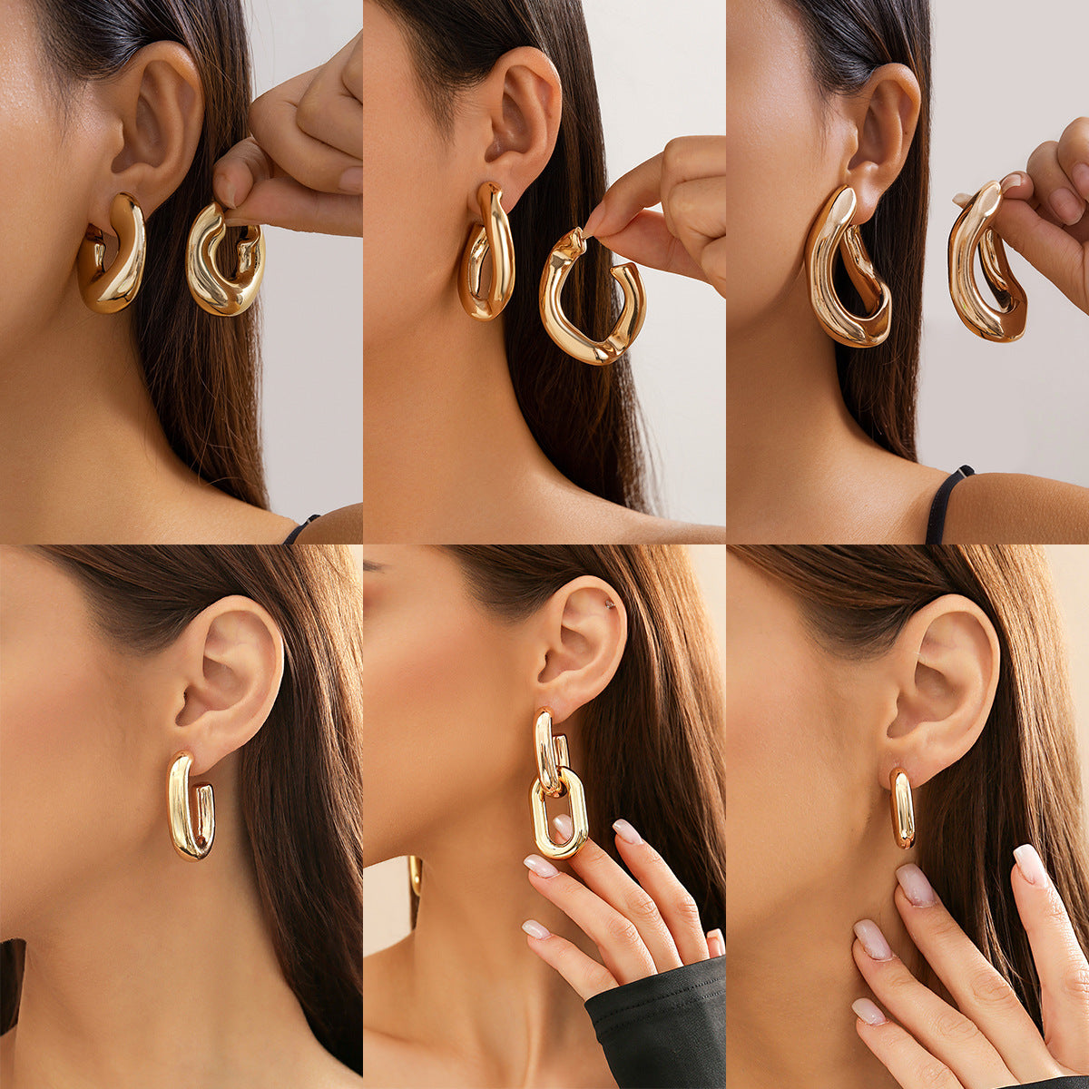 Pendientes geométricos asimétricos con forma de lágrima, dulces y atrevidos, de aleación con acabado galvanizado para mujer