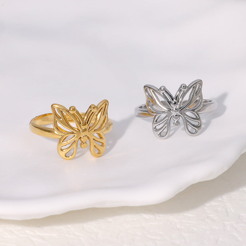 Anello Aperto Elegante a Forma di Farfalla per Donna in Acciaio Inossidabile con Placcatura in Oro 18K, Ipoallergenico e Resistente allo Sbiadimento