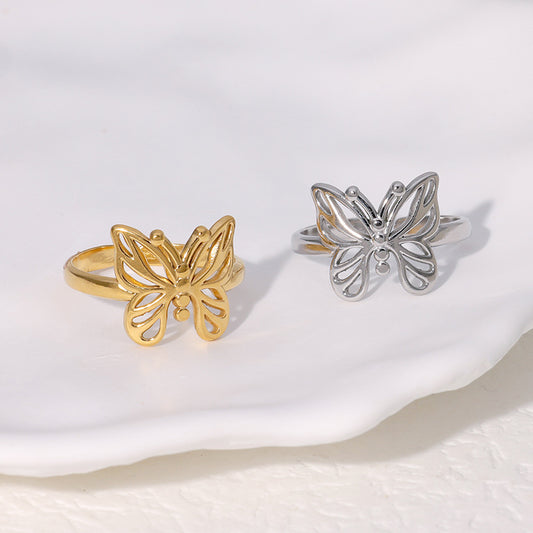 Elegante Anillo Abierto con Forma de Mariposa para Mujer Hecho de Acero Inoxidable con Baño de Oro de 18 Quilates, Hipoalergénico y Resistente a la Decoloración