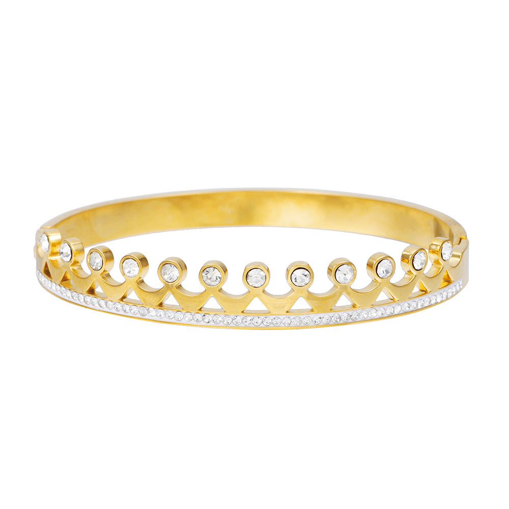 Vintage Rhinestone Geometric Crown Titanium Steel PVD Bracelet for Women