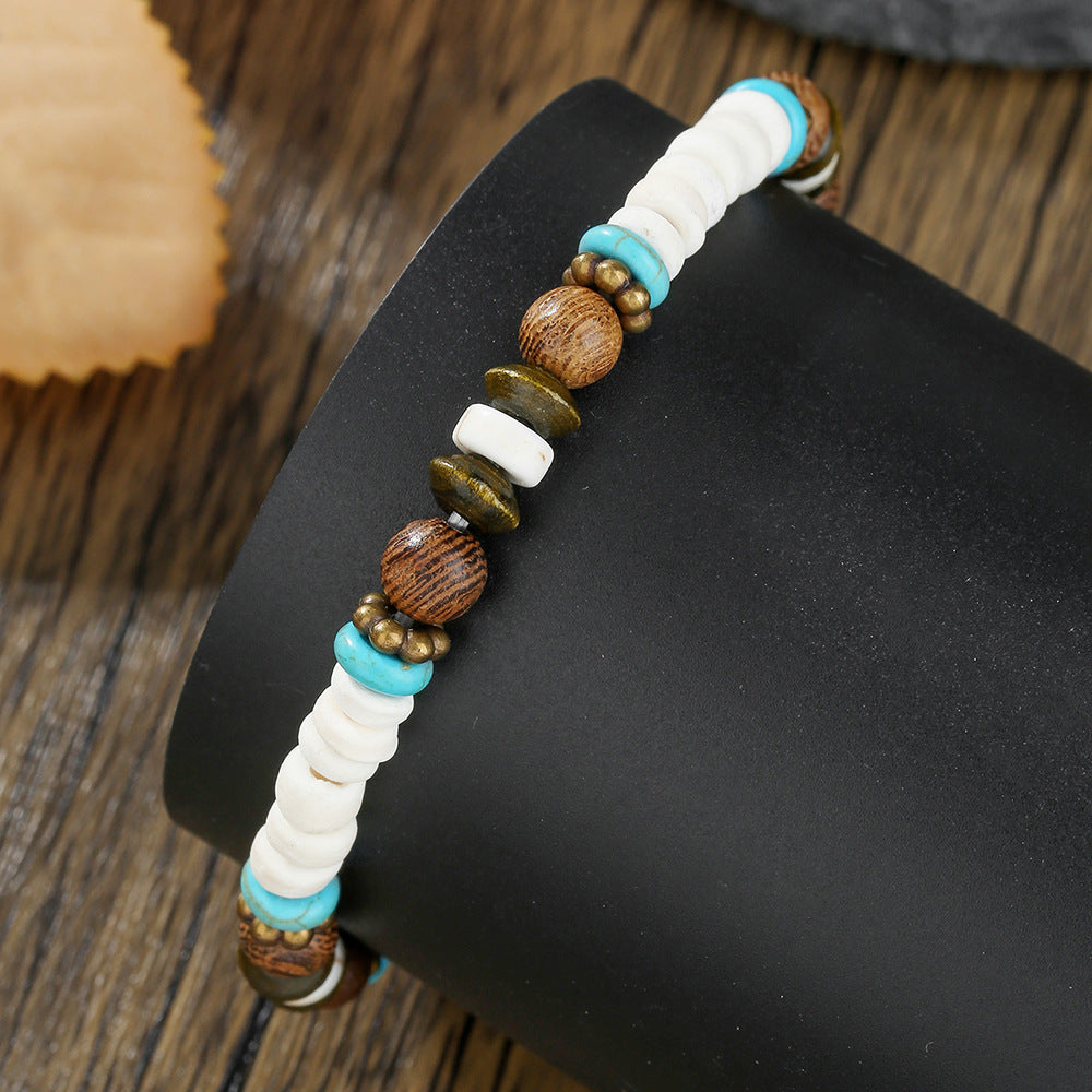 Bohemian Geometric Turquoise Wood and Coconut Shell Bracelet for Men