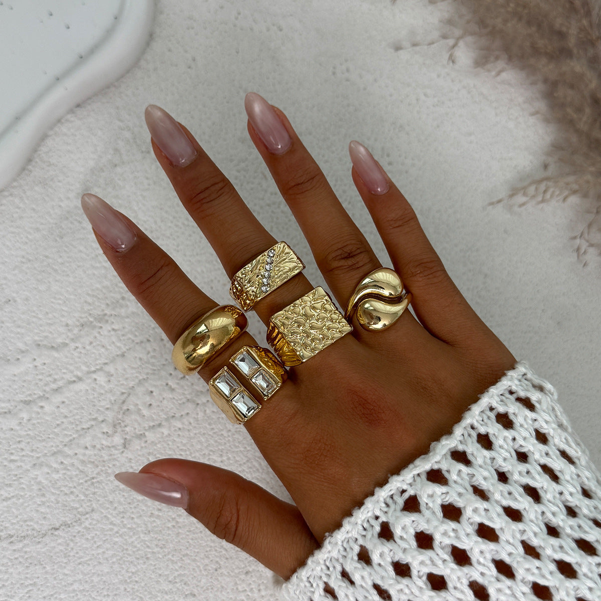 Vintage Geometric Alloy Ring Set with Micro-Pavé Colorful Inlay for Women Stackable Finger Rings