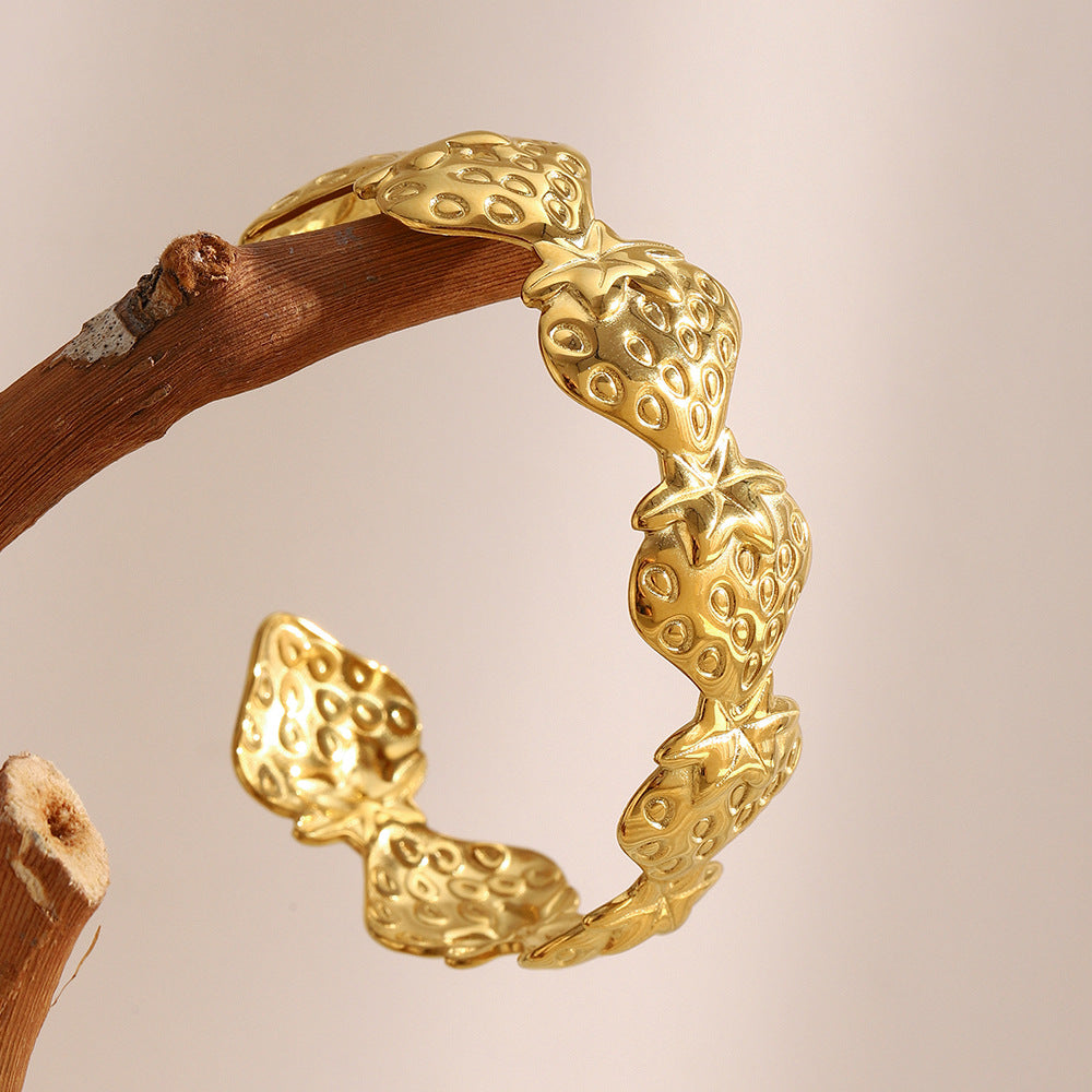 Minimalist Geometric Open Bangle Bracelet in Stainless Steel with 18K Gold Plating and Strawberry Charm