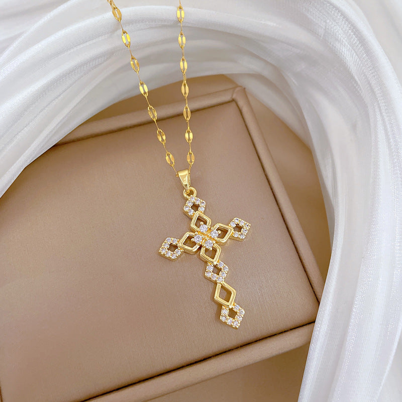 Sweet Minimalist Cross Titanium Steel Necklace with Cubic Zirconia for Unisex