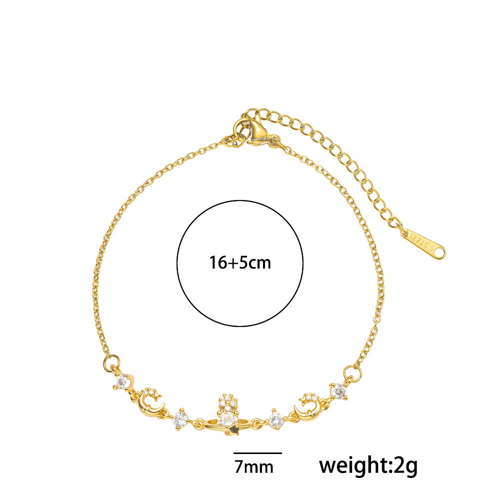 Minimalist Saturn-Shaped Titanium Steel Bracelet with Rhinestone Inlay for Women, Hypoallergenic Vacuum-Plated Fashion Accessory