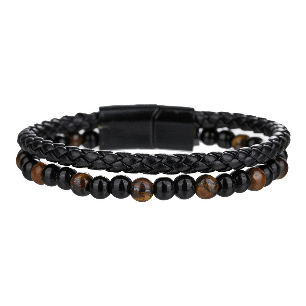 Hip-hop Punk Geometric Round Tiger's Eye Agate Hematite Leather Beaded Bracelet Set for Men