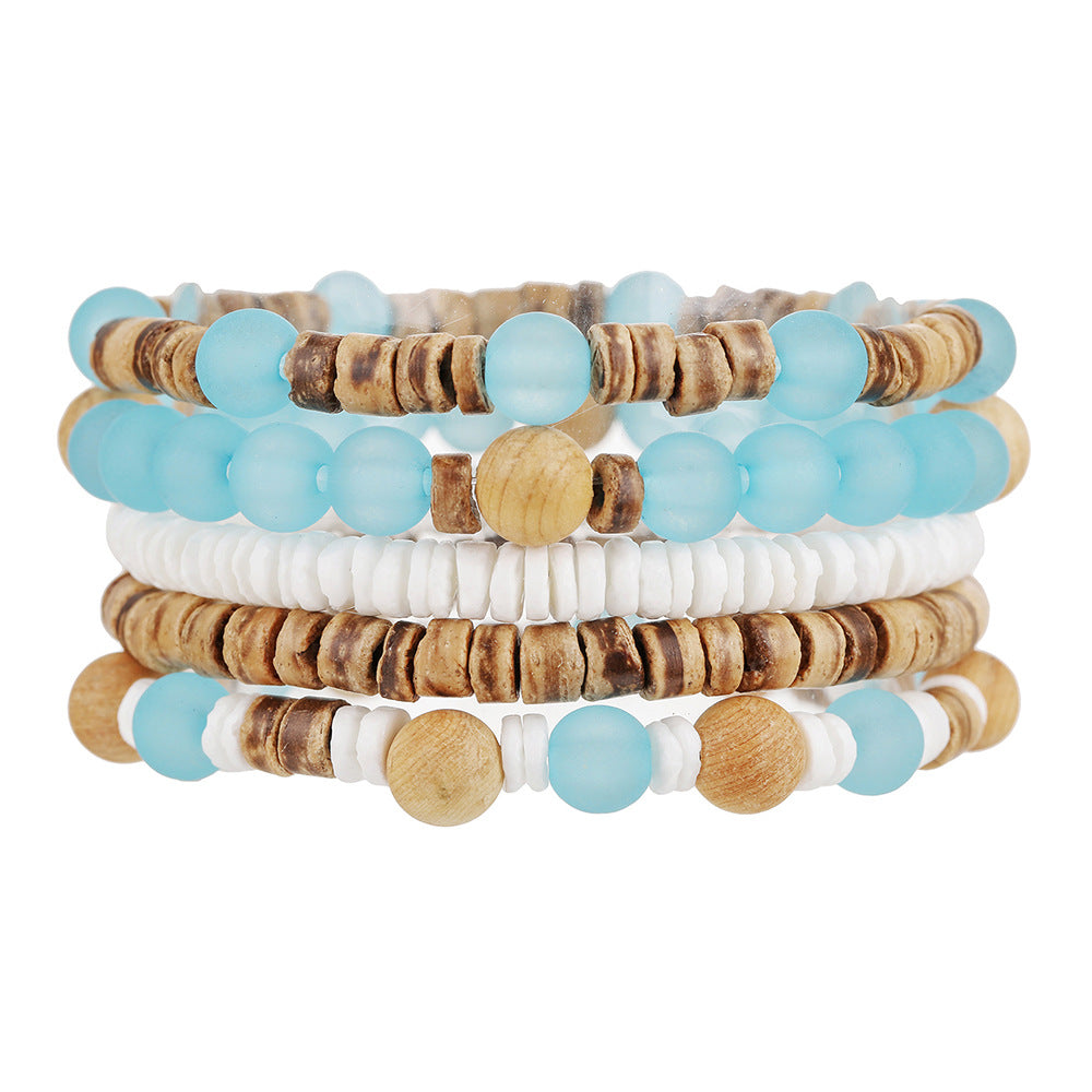 Bohemian Round Wood and Shell Beaded Bracelet