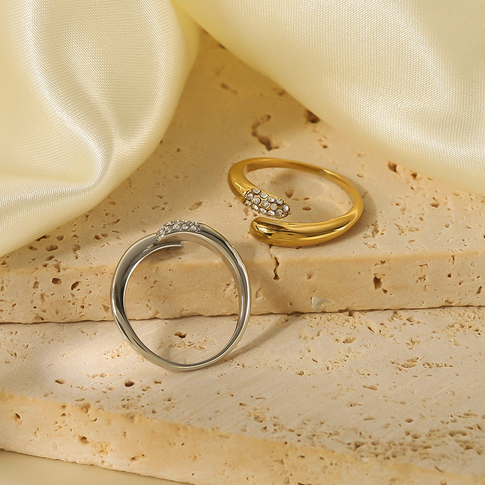 INS Style Geometric Stainless Steel Ring with Zirconia Inlay and 18K Gold Vacuum Plating for Women