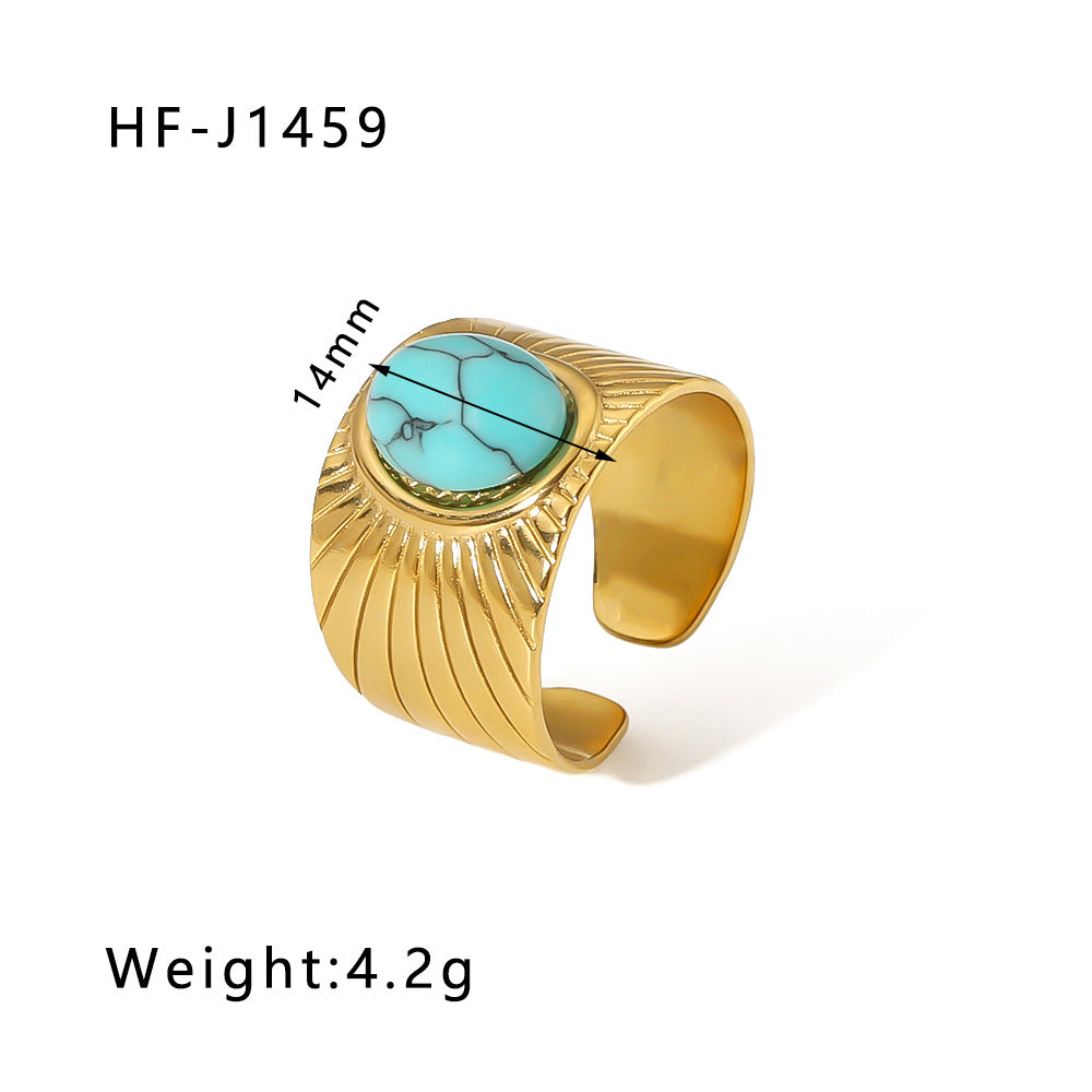 Vintage Geometric Round Emerald Green Natural Stone Stainless Steel Ring with 18K Gold Plating