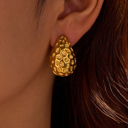 Vintage Stainless Steel Drop-Shaped Earrings with Textured Surface for Women
