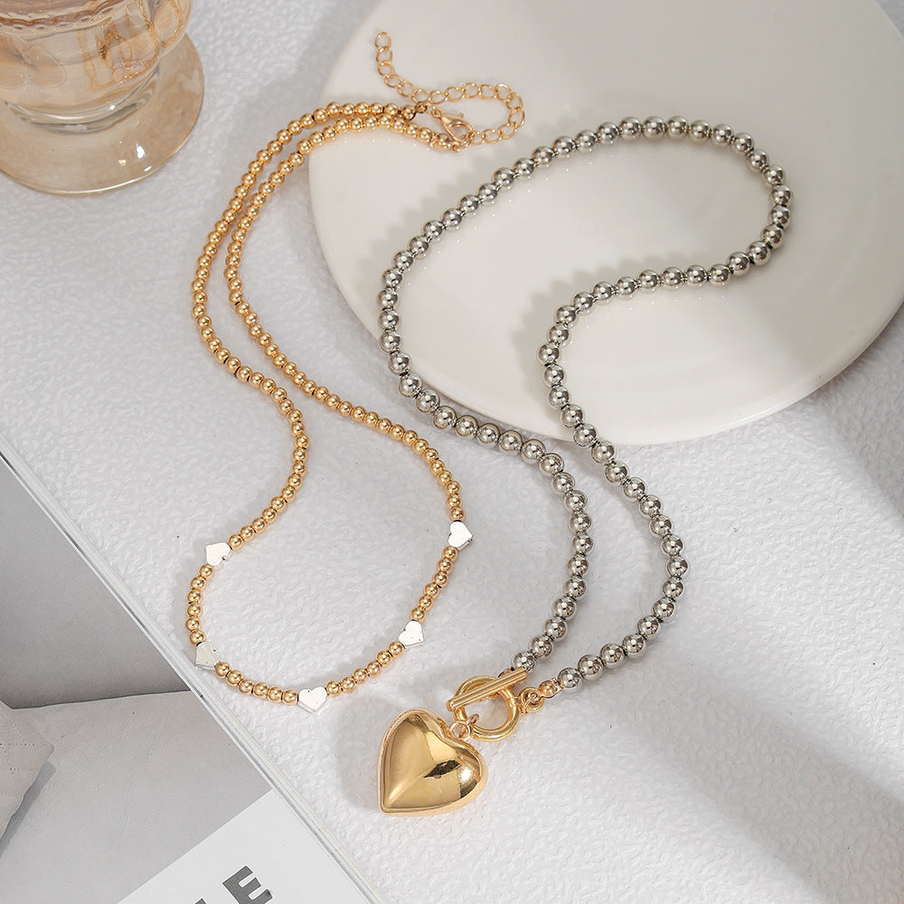 Sweet Streetwear Polished Alloy Heart Geometric Pendant Necklace with CCB Beads Choker for Women