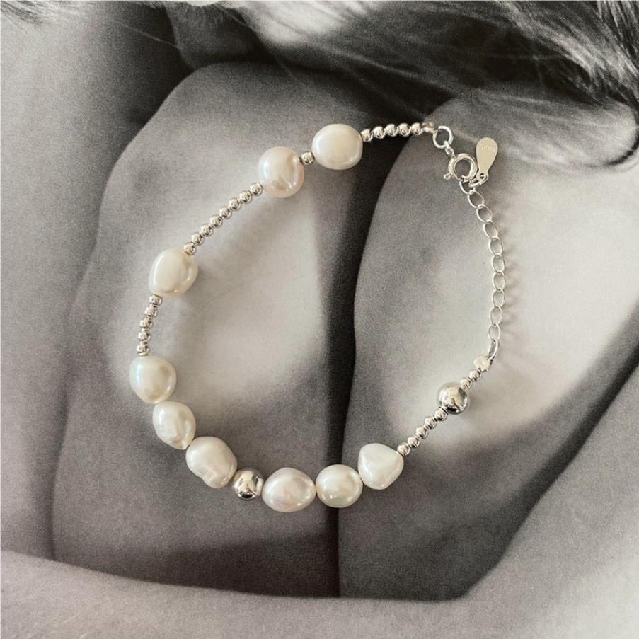Bracciale minimalist geometrico con perle e perline in argento sterling S925, gioiello fatto a mano con catenina sottile