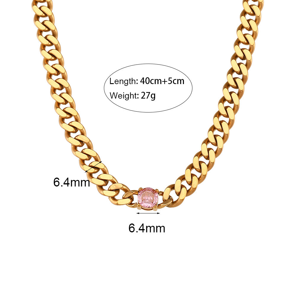 Fashion Geometric 18K Gold Plated Stainless Steel Cuban Chain Necklace with Round Zircon for Women