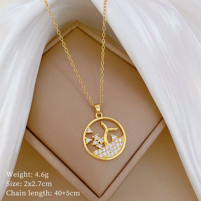 Luxury Minimalist Sweet Geometric Rhinestone Pendant Necklace for Women Titanium Steel O-Chain