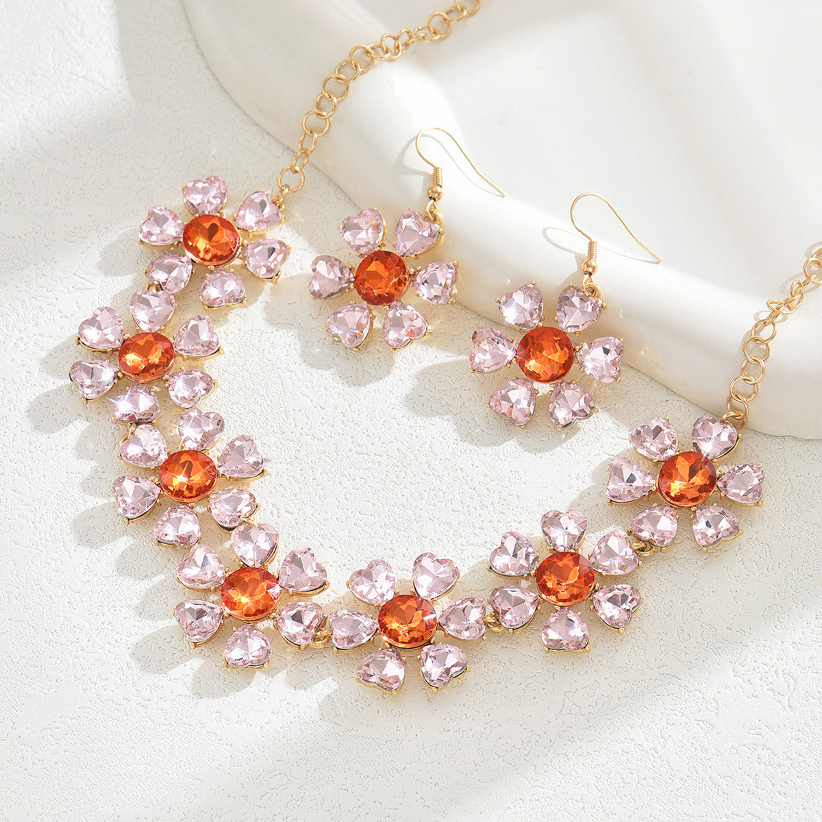Minimalist Luxury Floral Heart Pendant Necklace and Earrings Set in Alloy with Zircon Inlay for Women