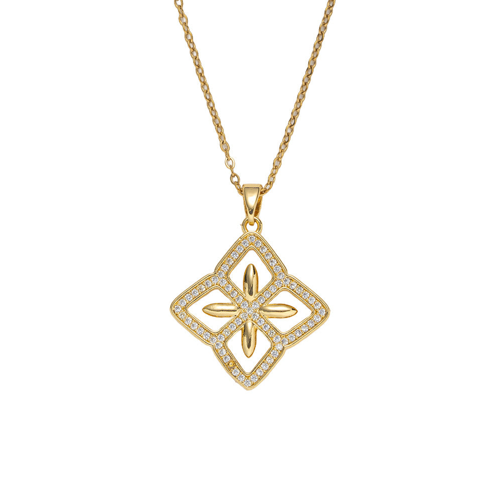Luxury Minimalist Rhombus-Shaped Flower Pendant Necklace in 18K Gold Plated Titanium Steel with Cubic Zirconia on O-Chain for Women
