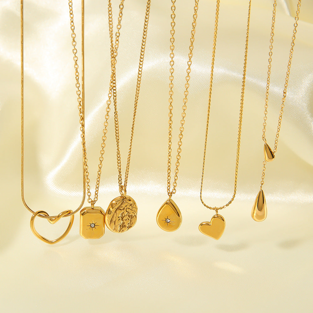 Minimalist Asymmetrical Heart and Teardrop Pendant Necklace in Stainless Steel with 18K Vacuum Plated Finish for Women