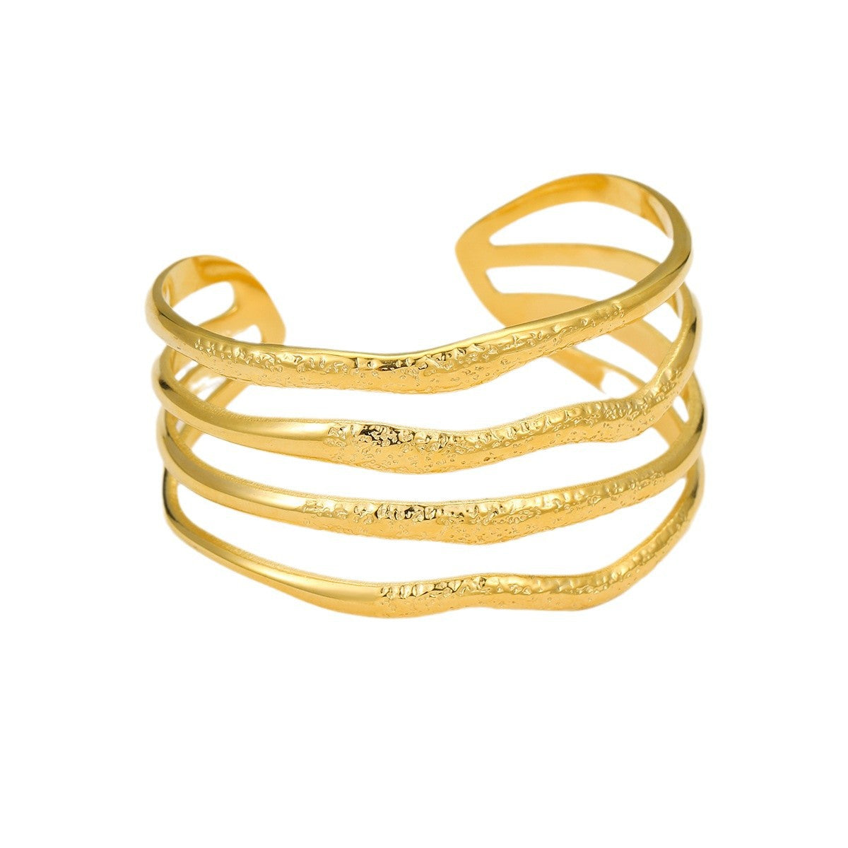 Vintage French Style Geometric Textured Stainless Steel Wide Cuff Bracelet with Hammered Finish for Women