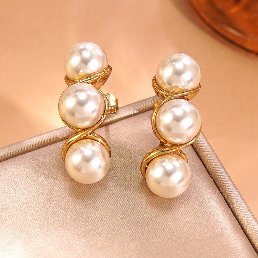 Vintage Geometric Round Pearl Plated Stainless Steel Earrings for Women