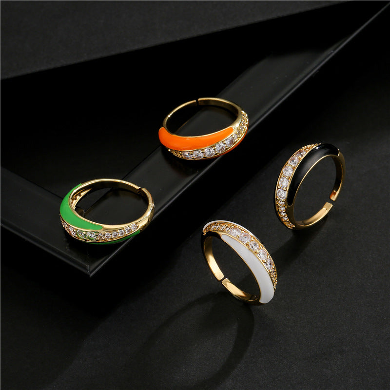 Fashion Geometric Drip Oil Brass Micro-Inlaid Cubic Zirconia Adjustable Open Ring for Women