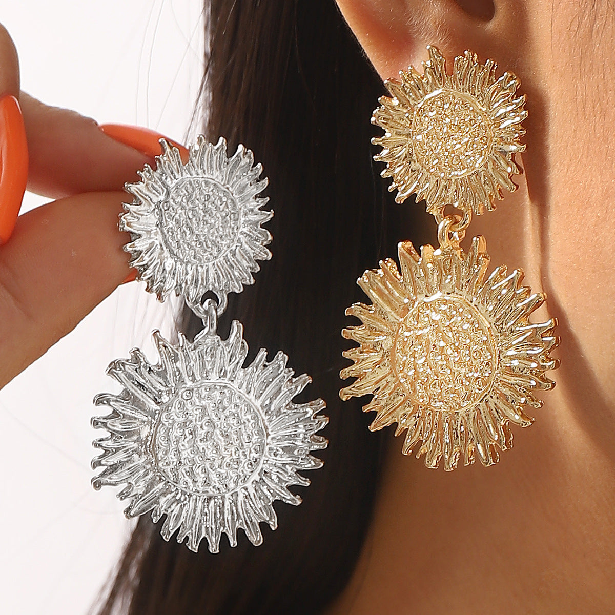 Pendientes colgantes minimalistas florales de girasol para mujer en aleación de zinc con acabado chapado